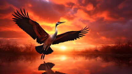 A pair of graceful cranes silhouetted against a vivid sunset sky, their wings outstretched.