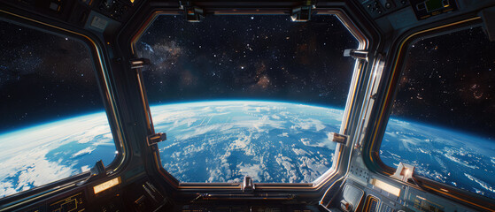 Space view from a spaceship's cockpit window - obrazy, fototapety, plakaty