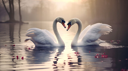 A pair of graceful swans engaged in a tender courtship dance on a serene lake.