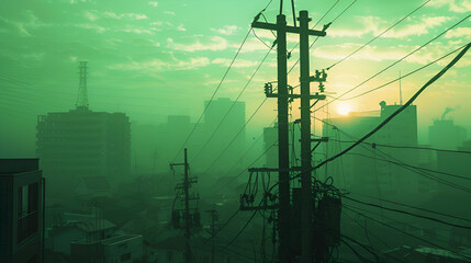 3D Electric powerlines over sunrise, High voltage electricity tower sky sunset landscape, industrial background., electricity pylon, Generative Ai