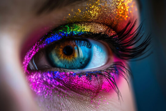 A woman's eye is painted with a rainbow of colors. The eye is surrounded by glitter and the colors are vibrant and bold. The eye is the main focus of the image and it seems to be a work of art