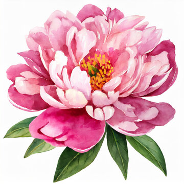 Watercolor illustration of pink peony flower isolated on white background. Spring season. Hand drawn