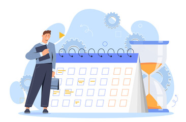 Planning work schedule concept. Businessman with bag near calendar. Time management, scheduling and planning, effective work process. Cartoon flat vector illustration isolated on white background