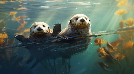 A pair of playful sea otters floating on their backs in the calm waters of a kelp forest.