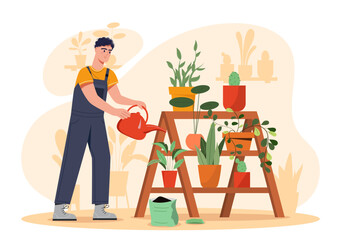 Plant care man concept. Young guy watering flowers and leaves. Comfort and coziness indoors. Botany and agriculture, horticulture. Cartoon flat vector illustration isolated on white background