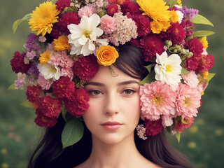 Retrato de una joven y bella mujer con flores en la cabeza en primer plano. Vista de frente y de cerca. AI Generativa - 767155119
