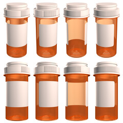 Pill bottle with translucency over transparent background. 3D render.