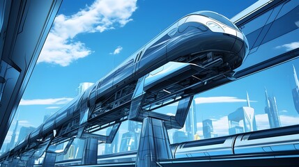 Futuristic High-Speed Monorail Train in Urban Cityscape with Blue Sky