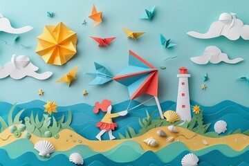 Origami Paper Town: Mother and Child Kite Flying on Beach

