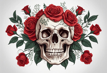 Red rose and skull illustration colorful