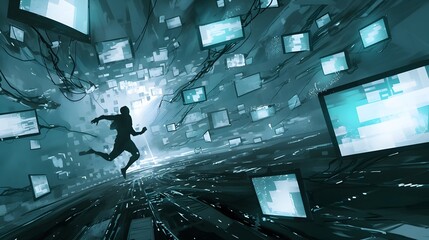 Futuristic Scene with Running Man in Digital Landscape of Monitors and Screens