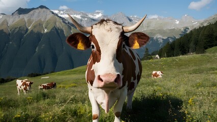 Cow with funny expression in green meadow against Alps background