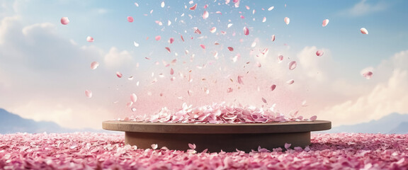 Pink flower petals with brown podium on sky background, springtime background for shop window, products, postcards, Generative AI