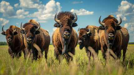A serene group of bison grazing in the lush grass of a sunny, open field, depicting wildlife. - obrazy, fototapety, plakaty