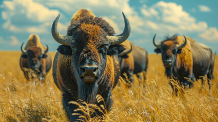 A herd of American bison standing majestically in the midst of a golden grassland under a blue sky.