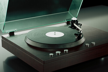 Sleek Modern Turntable with Spinning Record Under Green-Tinted Dust Cover