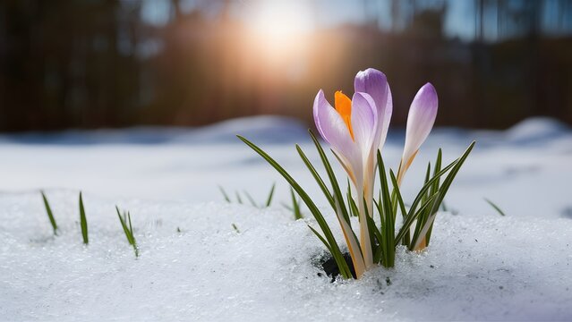 Crocus flower emerging from snow, symbolizing start of spring