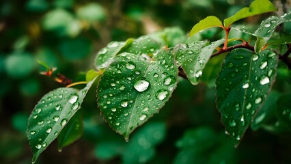 Crystal background with light sparkle, rain droplets on leafy bush