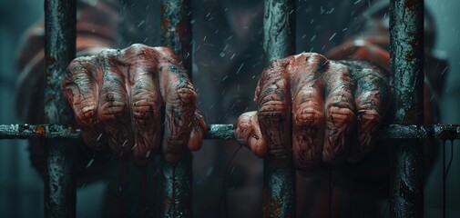 The hands of a prisoner gripping the cold steel bars tightly the details of each line and scar telling a story of struggle