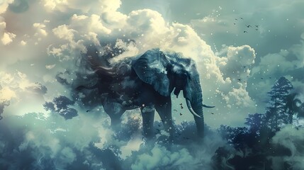 Majestic Elephant Emerges from Ethereal Mist in Surreal Jungle Landscape - obrazy, fototapety, plakaty