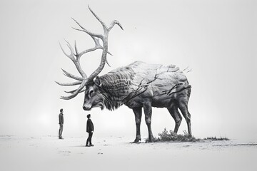 Colossal Antlered Creature Silhouetted in Misty Landscape