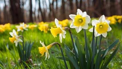 Daffodils growing outdoors in beautiful panoramic spring background