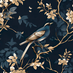 an antique print of a bird on a tree branch, seamless pattern, dark navy floral patterns, dark turquoise and light silver, luxurious fabrics generative ai - 767156385