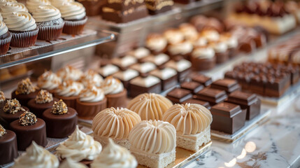 Delectable cupcakes and chocolates elegantly presented in a pastry shop, offering a visual feast of sweet treats.
