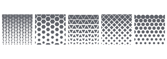 Set of halftone seamless pattern vector illustration. Hexagon, triangle, rhombus, circle pattern on isolated background. Geometric figure decrease sign concept.