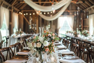 Rustic Barn Wedding Reception Setup - Country Chic Decor and Floral Arrangements Photography - obrazy, fototapety, plakaty