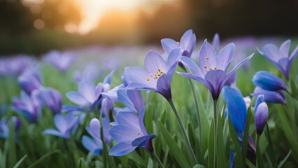 Defocused setting creates gentle backdrop for fantasy blue flowers