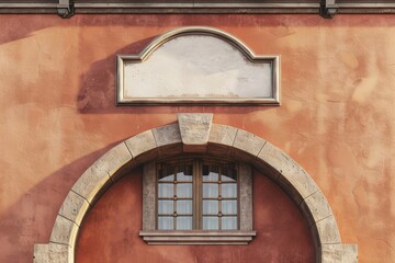 Arched window and blank store sign on a textured wall
