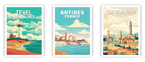 Texel, Antibes, San GimiGnano Illustration Art. Travel Poster Wall Art. Minimalist Vector art - obrazy, fototapety, plakaty