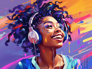 Young black girl wearing headphones, sportwear and sunglasses, listening boombox music on blue purple background. Vibrant pop art retro style, 1980s, cranberrycore.