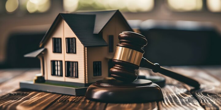 Auctioneers gavel hovers over a model house symbolizing real estate law taxes profits investments and home purchases. Concept Real Estate Law, Property Taxes, Real Estate Investments, Home Purchases