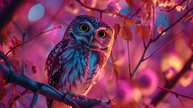 Neon color Wide-Eyed Saw Whet Owl perched in a tree AI Generated art