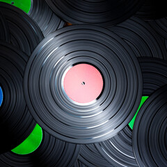 Exquisite Collection of Vinyl Records with Vibrant Label Colors on Display