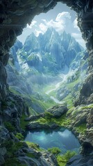 Design an eyelevel illustration of a hidden cave entrance in a mystical mountain range, merging elements of nature with supernatural symbols like glowing runes or floating orbs Convey a sense of ancie - obrazy, fototapety, plakaty