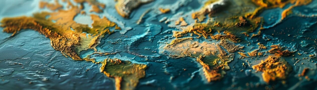 Bring to life a visually striking closeup image portraying a seamless blend of continents reuniting into a supercontinent Highlight the intricate details of mountain ranges, coastlines, and forests me