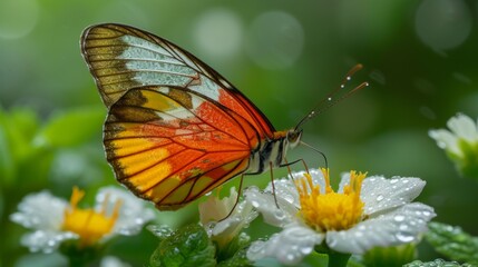 Obraz premium Delicate butterfly with transparent wings rests on a white daisy, surrounded by the freshness of a dewy morning.