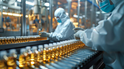 Technicians in hazmat suits inspecting pharmaceutical production on an automated conveyor system.