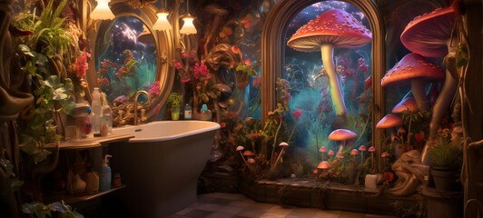 a whimsical bathroom nook that transports you to a fairy tale wonderland, ai generative