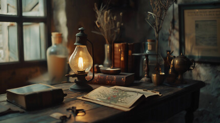 Fototapeta na wymiar A rustic workspace is captured in the light of a window, featuring an oil lamp, aged books, and various antique items creating a historical ambiance.