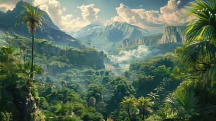 Panoramic view of beautiful rainforest. Beautiful sky, mountains and jungle. Aerial view. Prehistoric earth. Ai-generated. - 767158728