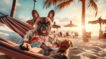 French bulldog enjoying sunbathing at seaside resort and wear a Hawaiian shirt lounging in hammock c