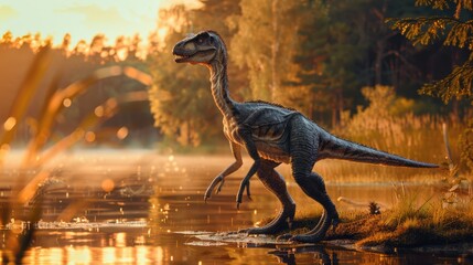 AI-generated majestic dinosaurs in a prehistoric landscape. Raptor. Vivid colors and intricate details bring these ancient creatures to life. The concept of time when dinosaurs ruled the Earth. - 767158758
