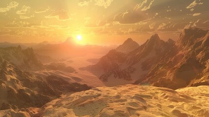 Panoramic view of colorful sunrise or sunset in mountains. Beautiful sky and rocks. Aerial view. Prehistoric earth. Ai-generated. - 767158760