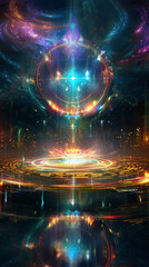 Spiritual tribal circle, colorful magic aura, wide angle, enchanting background, super detailed