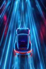 Futuristic car on a street with light streaks for motion, blue and red neon light - obrazy, fototapety, plakaty