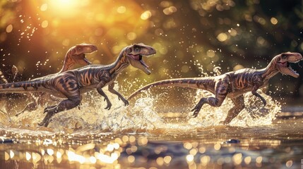 AI-generated majestic dinosaurs in a prehistoric landscape. Raptor. Vivid colors and intricate details bring these ancient creatures to life. The concept of time when dinosaurs ruled the Earth. - obrazy, fototapety, plakaty